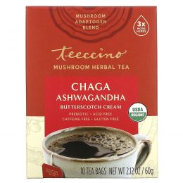 Teeccino, чай из грибов и трав, органическая чага, ашвагандха, «Жидкий ирис», без кофеина, 10 чайных пакетиков, 60 г (2,12 унции)