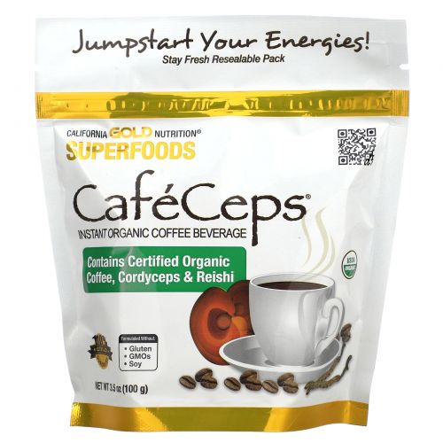 California Gold Nutrition, CafeCeps, сертифицированный органический растворимый кофе с порошком кордицепса и грибов рейши, 3,52 унции (100 г)