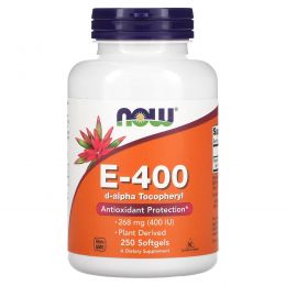 Now Foods, E-400, 100% Натуральный d-альфа токоферол, 250 желатиновых капсул