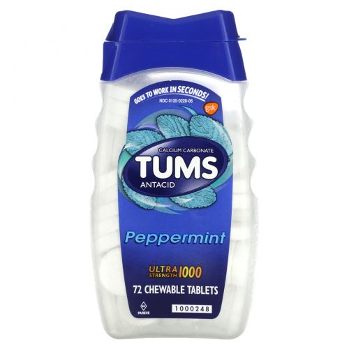 Tums, Карбонат кальция и антацид, перечная мята, 1000 мг, 72 жевательные таблетки