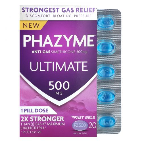 Phazyme, Ultimate, симетикон, против газообразования, 500 мг, 20 быстрорастворимых капсул
