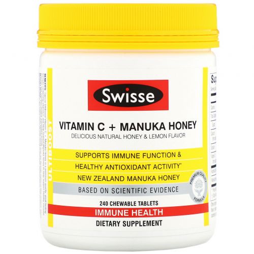 Swisse, Ultiboost, Vitamin C + Manuka Honey, Delicious Natural Honey & Lemon Flavor, 240 Chewable Tablets