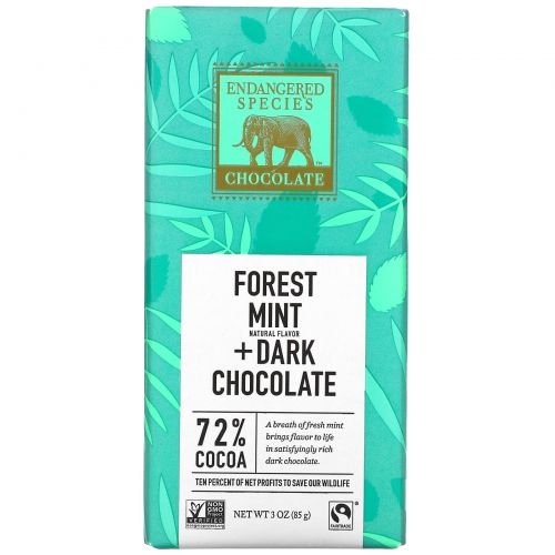 Endangered Species Chocolate, Dark Chocolate with Deep Forest Mint, 3 oz (85 g)