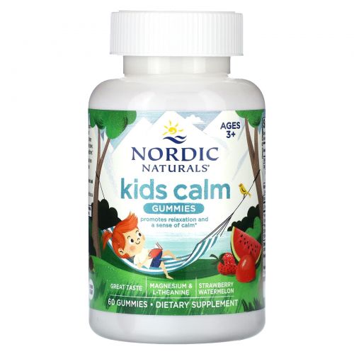 Nordic Naturals, Kids Calm, жевательные таблетки, для детей от 3 лет, со вкусом клубники и арбуза, 60 жевательных таблеток