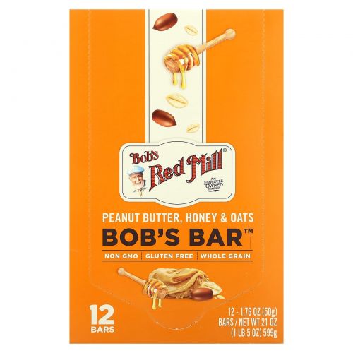 Bob's Red Mill, Bob's Bar, арахисовая паста, мед и овес, 12 батончиков по 50 г (1,76 унции)