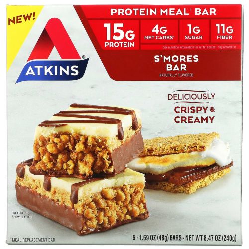 Atkins, Protein Meal Bar, S'mores Bar, 5 Bars, 1.69 oz (48 g)