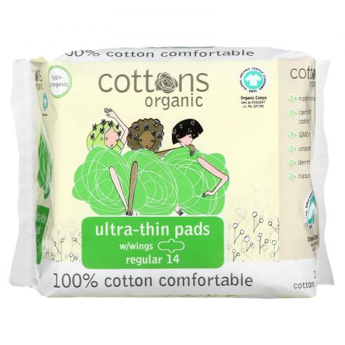 Cottons, 100% Natural Cotton Coversheet, Ultra-Thin Pads with Wings, Regular, 14 Pads