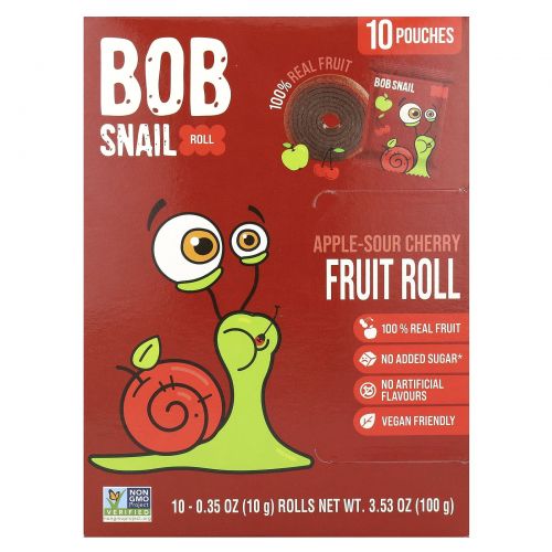 Bob Snail, фруктовые рулетики, яблоко и вишня, 10 рулетов по 10 г (0,35 унции)