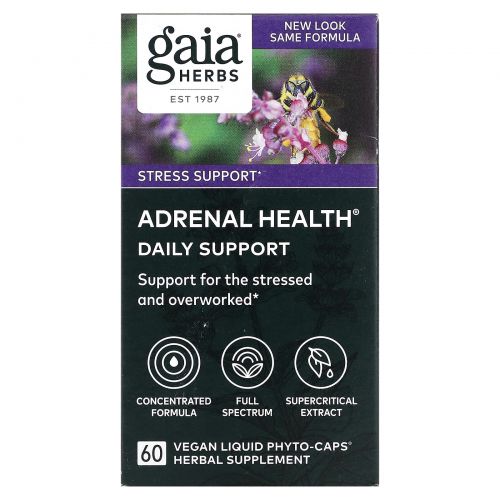 Gaia Herbs, Adrenal Health, ежедневная поддержка, 60 веганских жидких фито-капсул