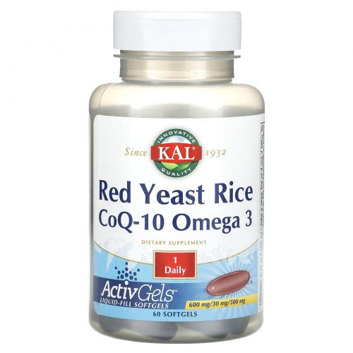 KAL, красный ферментированный рис, коэнзим Q10, омега-3, 60 мягких таблеток