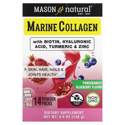 Mason Natural, Морской коллаген с биотином, гиалуроновая кислота, куркума и цинк, голубика и гранат, 14 пакетиков, 140 г (4,9 унции)