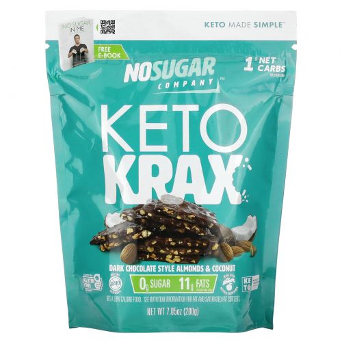 No Sugar Company, Keto Krax, темный шоколад с миндалем и кокосом, 200 г (7,05 унции)