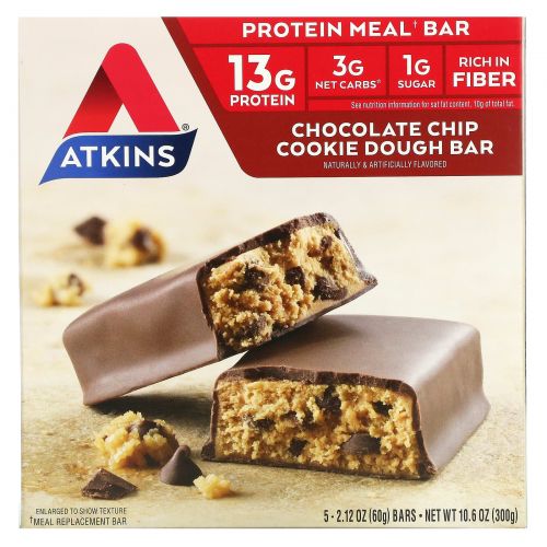 Atkins, Улучшенные, песочные батончики с кусочками шоколада, 5 батончиков, каждый по 2,12 унции (60 г)