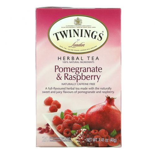 Twinings, Травяной чай, гранат и малина, без кофеина, 20 пакетиков, 1,41 унции (40 г) Каждый