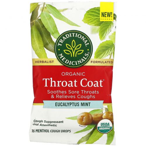 Traditional Medicinals, Organic Throat Coat Drops, Eucalyptus Mint, 16 Menthol Cough Drops