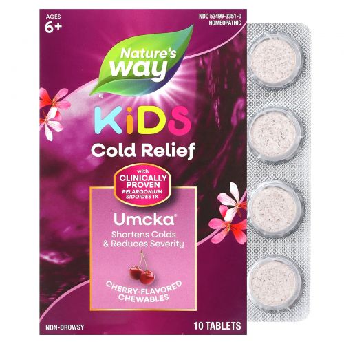 Nature's Way, Umcka, ColdCare Kids, для детей от 6 лет, вишня, 10 жевательных таблеток