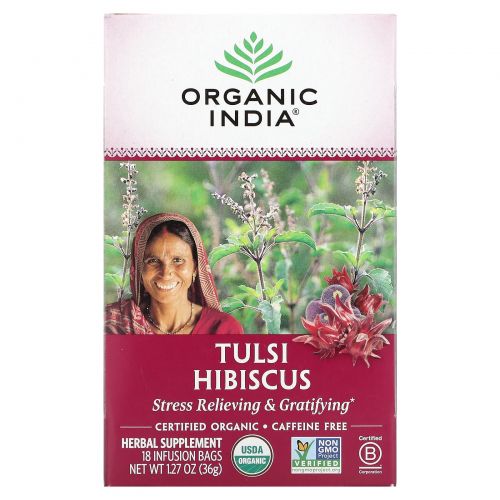 Organic India, Tulsi Tea, Hibiscus, Caffeine-Free, 18 Infusion Bags, 1.27 oz (36 g)