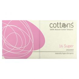 Cottons, 100% Natural Cotton Tampons, Super, Unscented, 16 Tampons