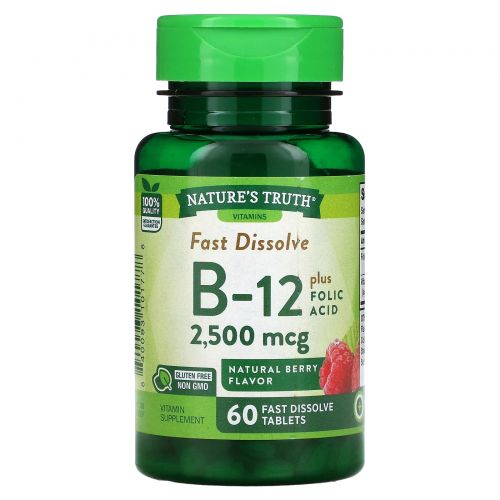 Nature's Truth, Vitamin B-12 plus Folic Acid, Natural Berry, 2,500 mcg, 60  Fast Dissolve Tablets