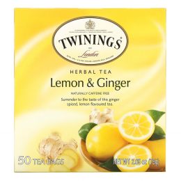 Twinings, Травяной чай, лимон и имбирь, без кофеина, 50 чайных пакетиков, 75 г