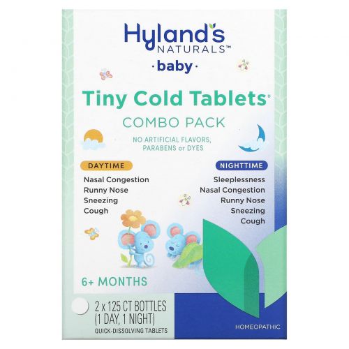 Hyland's Naturals, Для детей, комбо-упаковка в крошечных таблетках от простуды, для дневного и вечернего приема, для детей от 6 месяцев, 2 флакона, по 125 быстрорастворимых таблеток