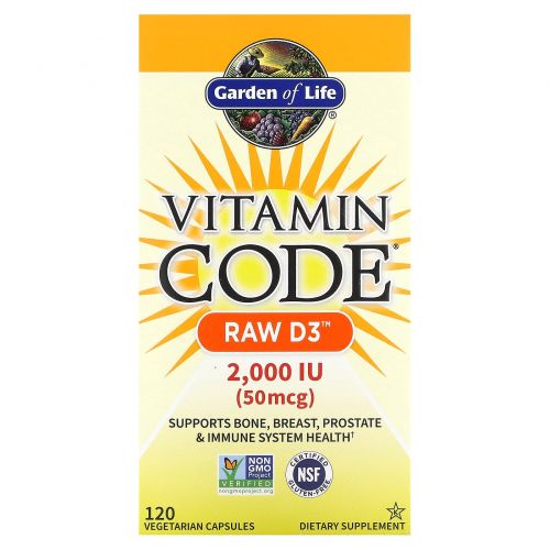 Garden of Life, Vitamin Code, необработанный витамин D3, 2,000 МЕ, 120 капсул UltraZorbe