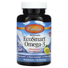 Carlson, Wild Norwegian EcoSmart Omega-3, Natural Lemon, 500 mg, 90 Soft Gels