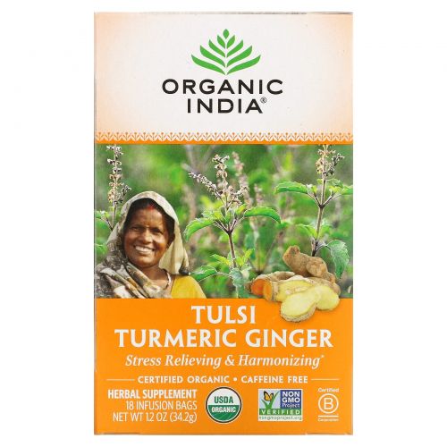 Organic India, Tulsi Tea, Turmeric Ginger, Caffeine-Free, 18 Infusion Bags, 1.2 oz (34.2 g)