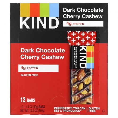 KIND Bars, Kind Plus Dark Chocolate Cherry Cashew + Antioxidants, 12 bars 1.4oz (40g) each