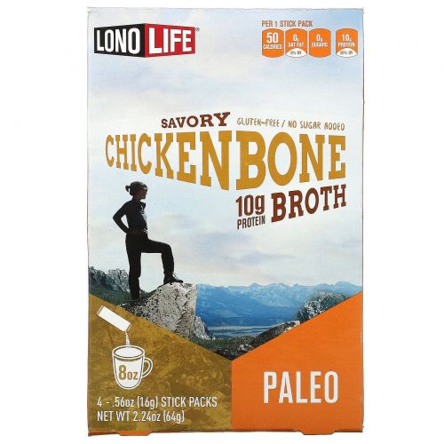 Lonolife, Broth, Chicken Bone, Paleo, 4 Stick Packs, .56 oz (16 g) Each