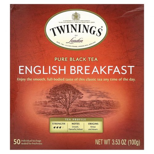Twinings, Чистый черный чай, английский завтрак, 50 чайных пакетиков, 100 г (3,53 унции)