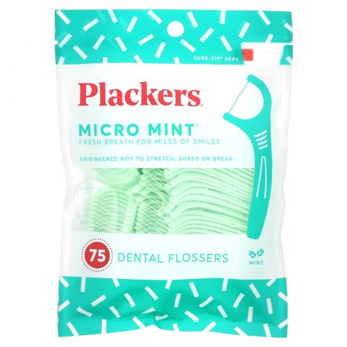 Plackers, Micro Mint, зубочистки с нитью, мята, 75 шт.