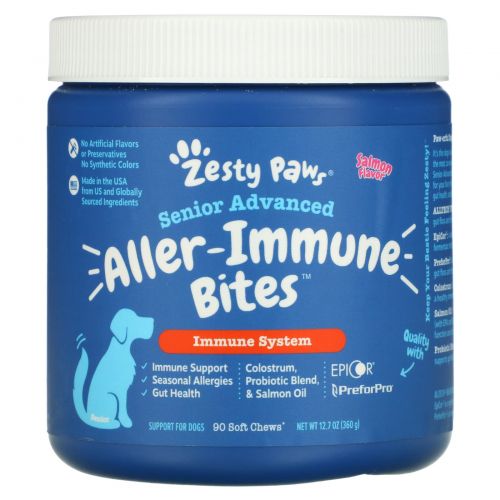 Zesty Paws, Advanced Aller-Immune Bites for Dogs, Immune System, Senior, Salmon Flavor, 90 Soft Chews, 12.7 oz (360 g)