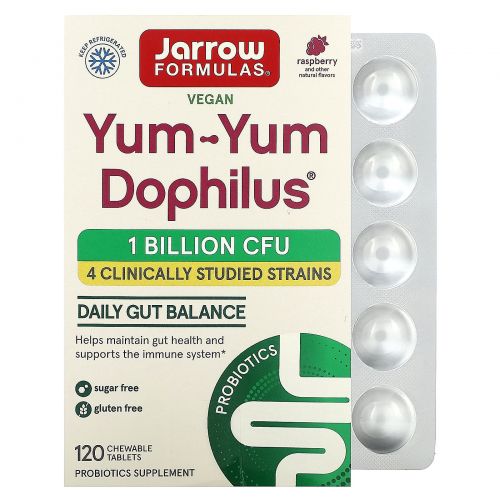 Jarrow Formulas, Yum-Yum Dophilus, без сахара, натуральный малиновый вкус, 120 жевательных таблеток (Ice)