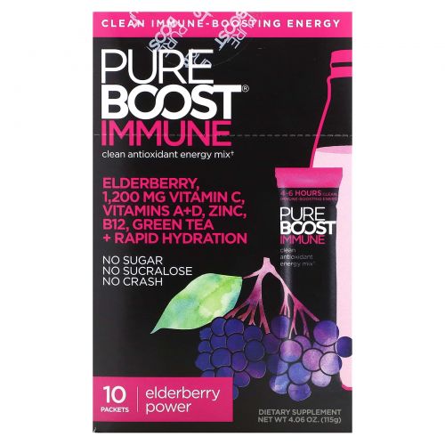 Pureboost, Immune, чистая энергетическая смесь с антиоксидантами, сила бузины, 10 пакетиков по 11,5 г (0,41 унции)