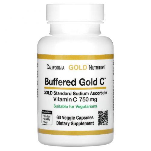 California Gold Nutrition, Buffered Gold C, Non-Acidic Vitamin C, Sodium Ascorbate, 750 mg, 60 Растительная капсула