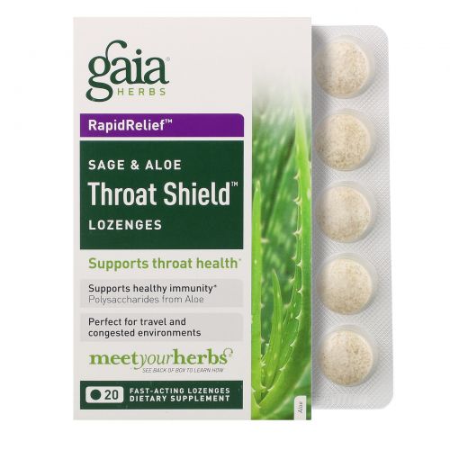 Gaia Herbs, Пастилки для защиты горла, шалфей и алоэ, 20 быстродействующих пастилок