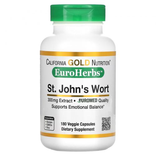 California Gold Nutrition, St. John's Wort Extract, EuroHerbs, European Quality, 300 mg, 180 Veggie Capsules