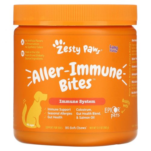 Zesty Paws, Allergy Immune Bites, здоровье пищеварительной и иммунной систем, для собак всех возрастов, вкус ягненка, 90 мягких жевательных таблеток