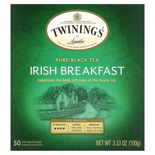 Twinings, Чистый черный чай, ирландский завтрак, 50 чайных пакетиков, 100 г (3,53 унции)