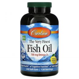 Carlson Labs, The Very Finest Fish Oil, 1000 мг, лимон, 240 гелевых капсул