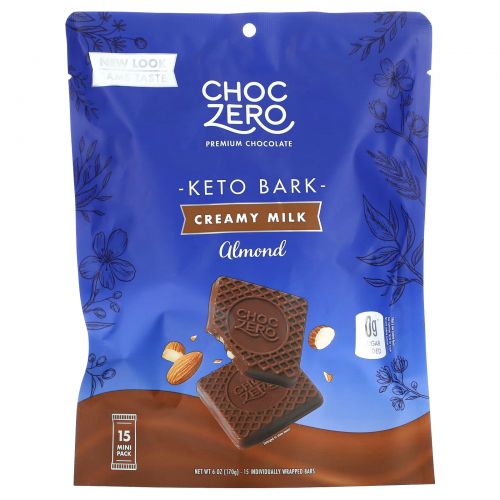 ChocZero, Молочный шоколад с миндалем без добавления сахара, 6 батончиков по 28 г (1 унции)