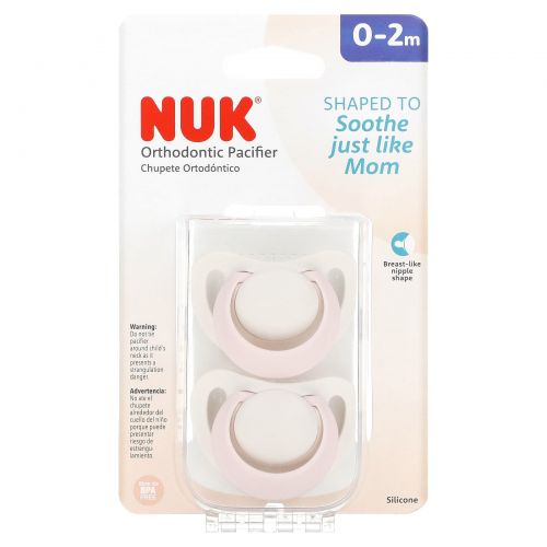 NUK, Orthodontic Pacifier, 0-2 Months, Pink, 2 Pack