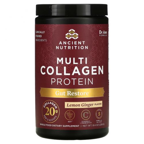 Dr. Axe / Ancient Nutrition, Multi Collagen Protein, Gut Restore, Natural Lemon Ginger, 10.3 oz (292 g)