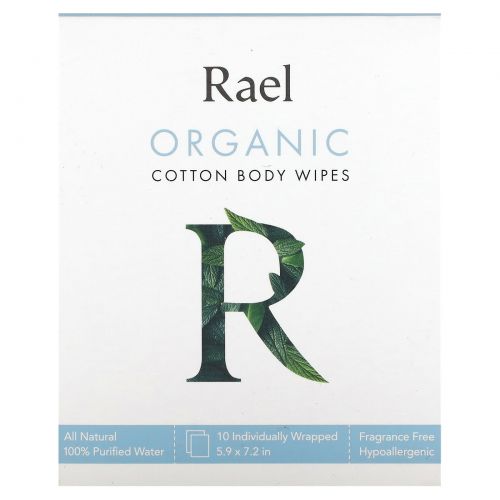 Rael, Inc., салфетки для тела из органического хлопка, без отдушки, 10 салфеток в индивидуальной упаковке
