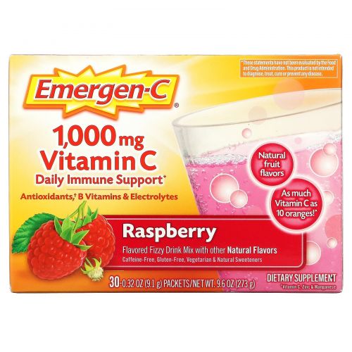 Emergen-C, 1,000 мг витамин C, малина, 30 пакетиков, 9.1 г шт.