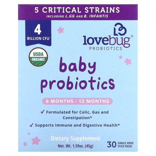 LoveBug Probiotics, Tiny Tummies, пробиотики и пребиотики для детей для ежедневного приема, от 6 до 12 месяцев, 4 миллиарда КОЕ, 30 отдельных порционных стиков по 1,5 г (0,05 унции)