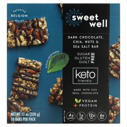 Sweetwell, Keto Bar, чиа, орехи, морская соль и темный шоколад, 10 батончиков по 32 г (1,1 унции)