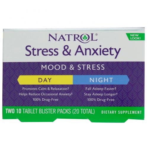 Natrol, Таблетки от стресса и тревоги, день и ночь, 10 таблеток, каждая