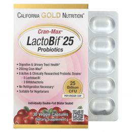 California Gold Nutrition, Пробиотики LactoBif, Cran-Max, 25 млрд КОЕ, 30 растительных капсул